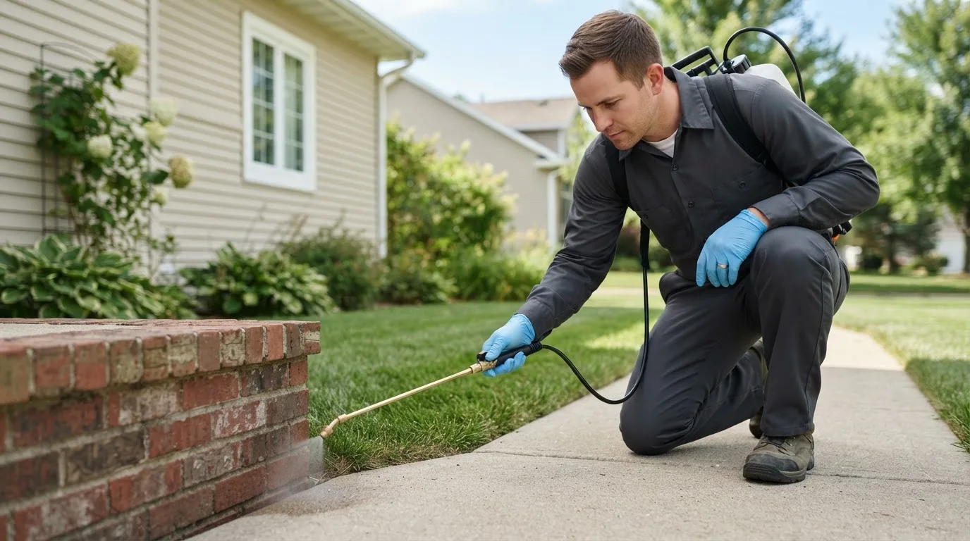 Pest control technician treating a home near Newington, NH